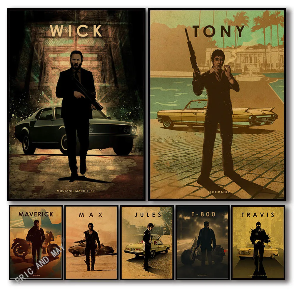 

Popular movie actors and their cars, retro style home decor posters, canvas painting decor, chambre room decor posters