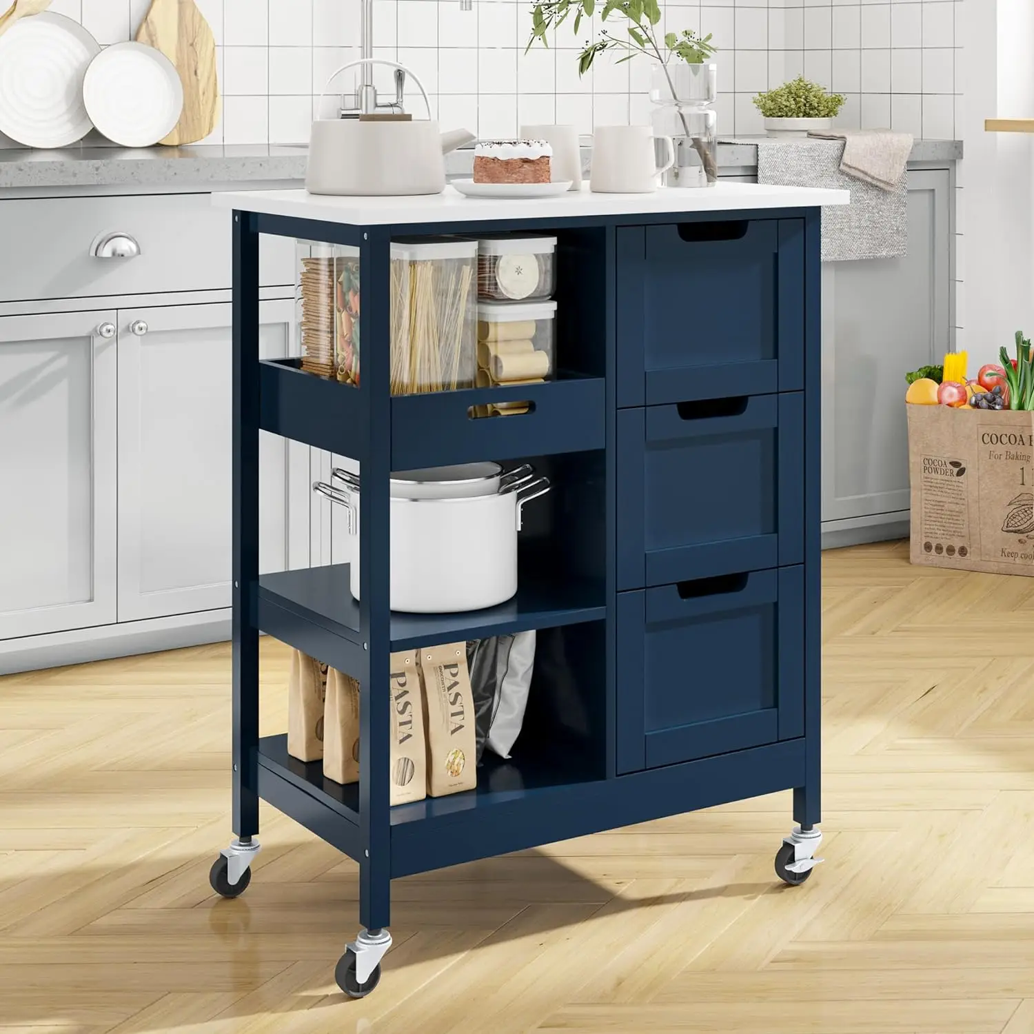 

YITAHOME Small Solid Wood Top Kitchen Island Cart on Wheels with Storage, Rolling Portable Dining Room Serving Utility Carts