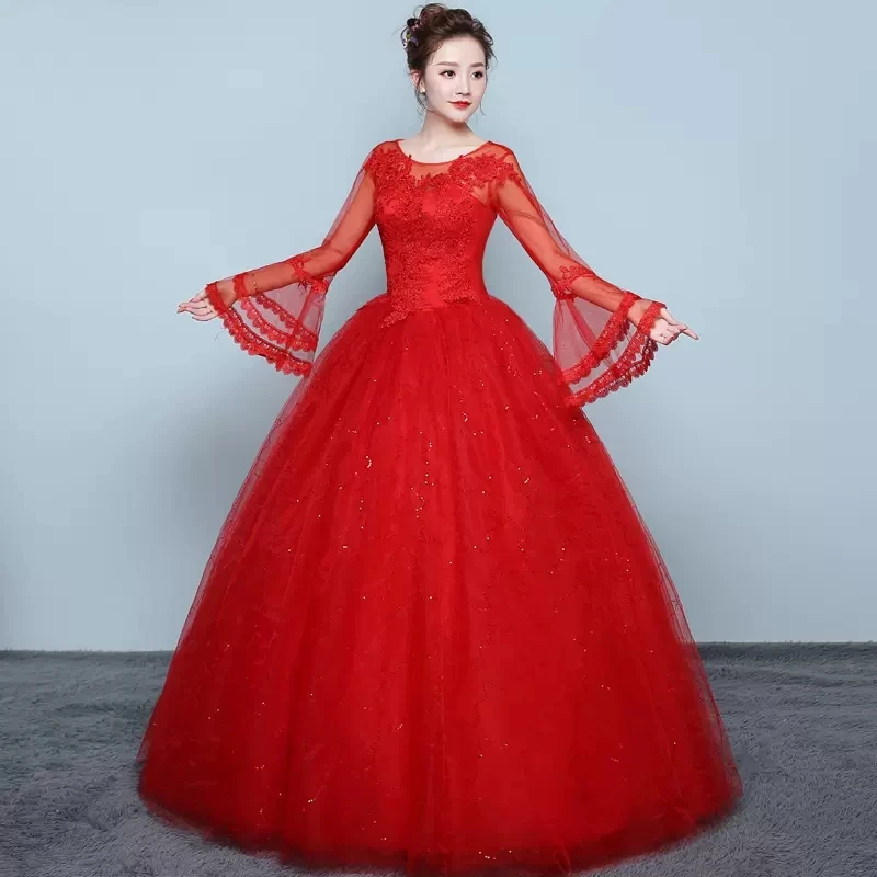 

XXN-065#Bridal Red Wedding Dress Embroidered Lace on Net Lace Up O-Neck Court Train Ball Gown Custom Plus Size Cheap Wholesale