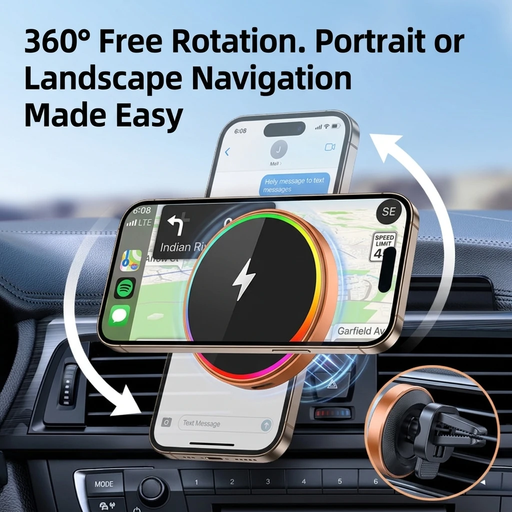 Magnetic Wireless Car Charger with Fast Charging and 360° Rotating Universal Mount