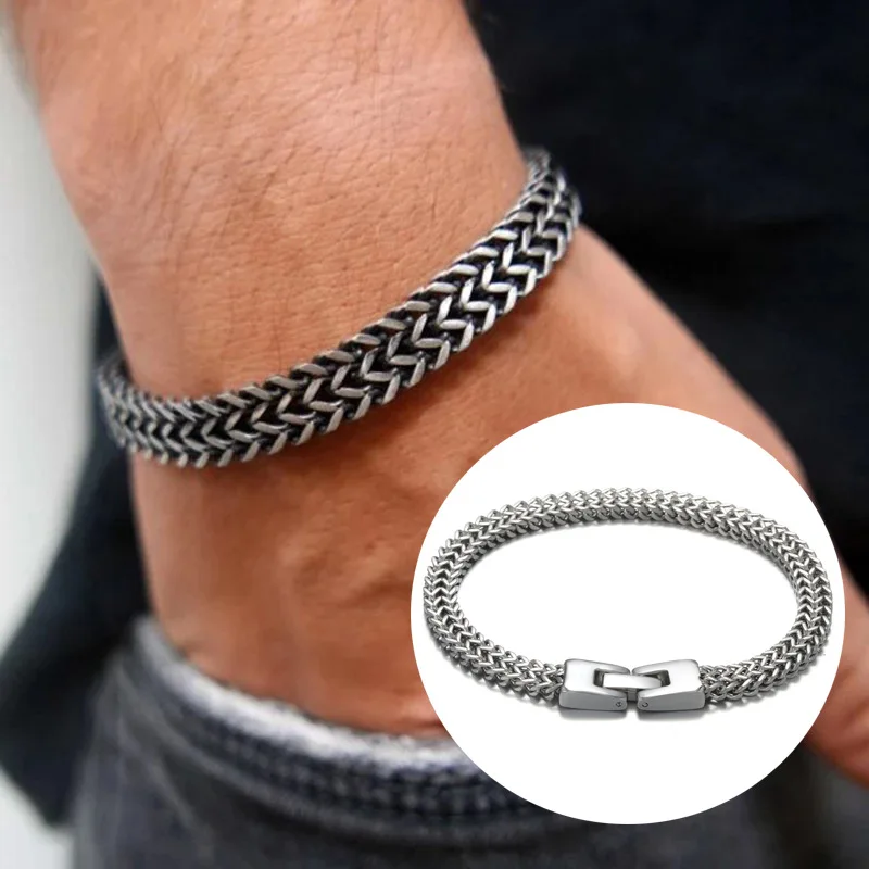 

Hiphop Vintage Oxidized Cool Double Curb Chain Bracelets for Men Stainless Steel Punk Antique Cubic Foxtail Chain for Man