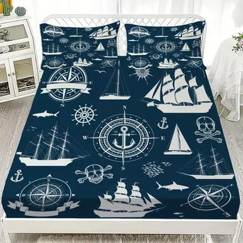 Set lenzuola con angoli per barca a vela nautica: tema oceano, king/queen/single size con federa (regalo per biancheria da letto per ragazzi adolescenti) 1