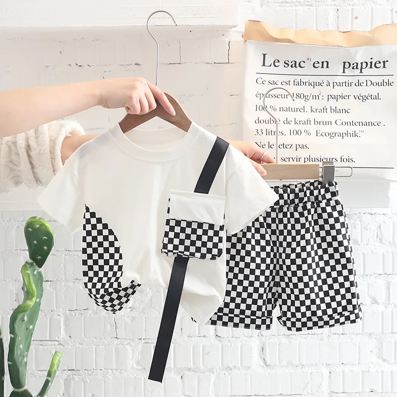 

Children Cotton Baby Boy Girl Clothes Summer With Plaid Bag Sport T-shirt Shorts 2Pcs/sets Infant Outfit Kids Toddler Tracksuits