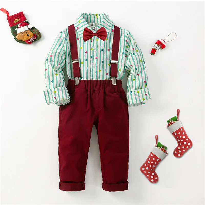 

New Boys Christmas Gentleman Dress Long Sleeve Shirt Strap Trousers Suit Banquet Host Dress