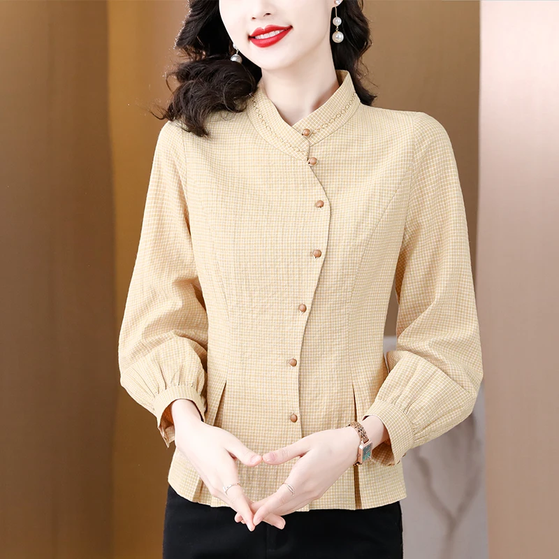 Women's Stand Collar Cotton Linen Plaid Shirt Spring Autumn New Commute Belted Solid Color Long Sleeve Button Ruched Casual Tops