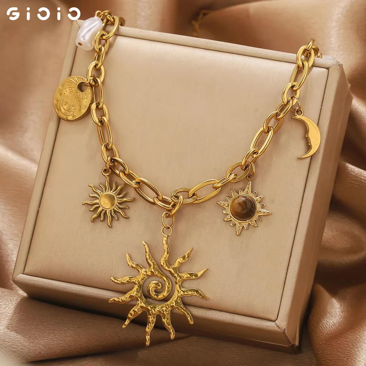 Jolivie-collar con colgante de sol de piedra Natural de acero inoxidable Vintage para mujer, amuletos dorados de luna, sol y estrella, regalo de joyería de moda