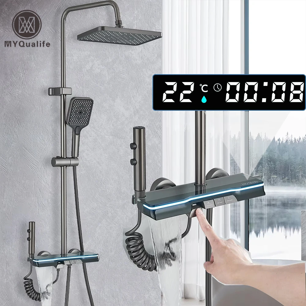 Gun Grey Adjustable Shower Faucet Set Rainfall  Shower Head Bathroom Shower Mixer Tap Wall Mounted Hot Cold Shower Mixer Kits