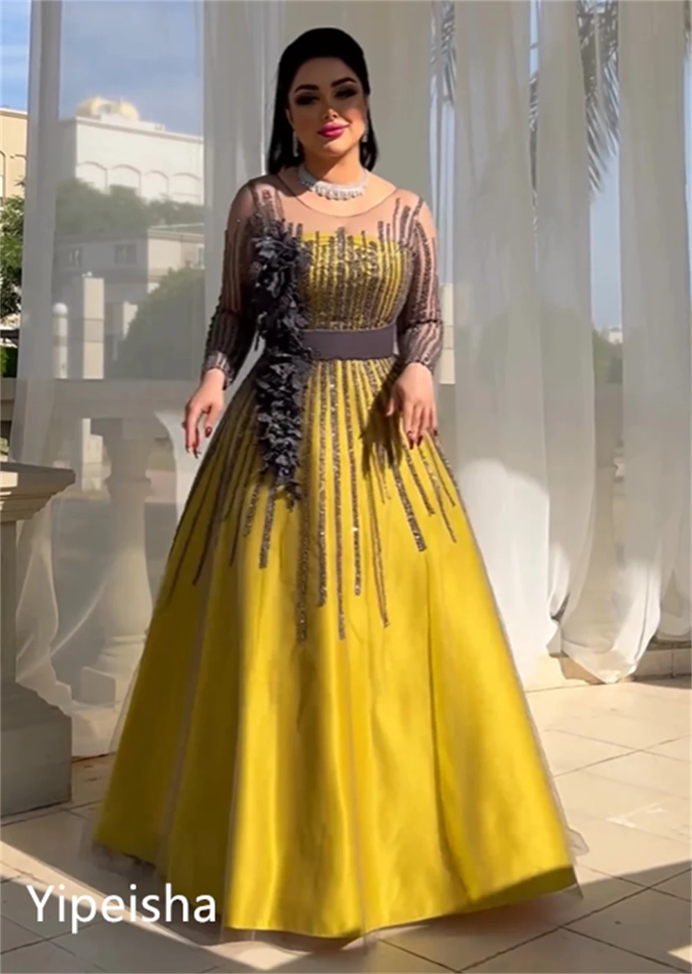 Satin Beading Applique Wedding Party Ball Gown O-Neck Bespoke Occasion  Long Dresses
