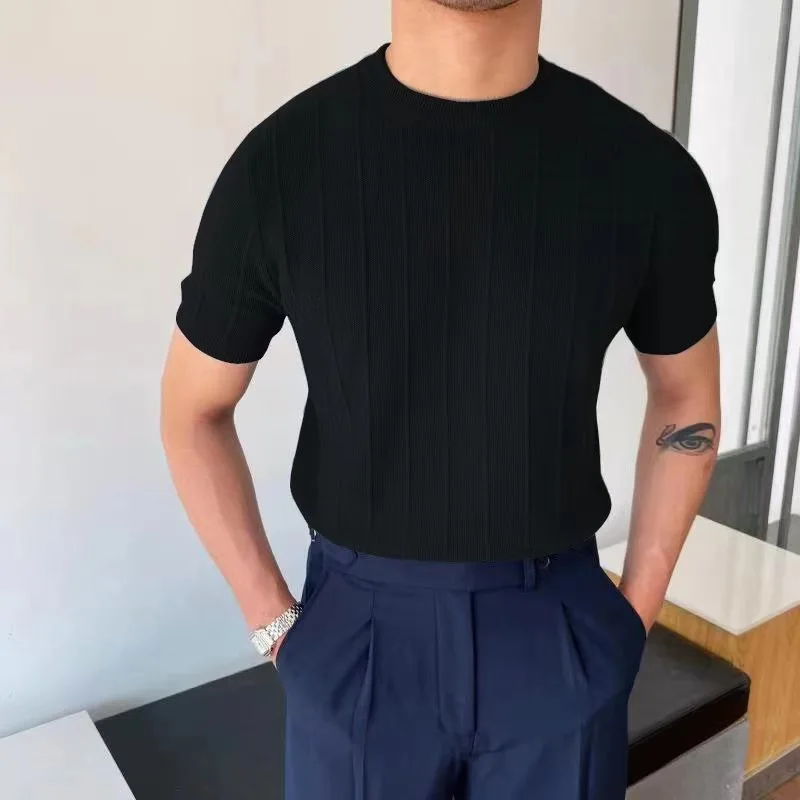 LANEUS Knitted t-shirt ラヌス ニット Tシャツ メンズ Men's Light Luxury Knit T Shirt Men's New Summer Round Neck