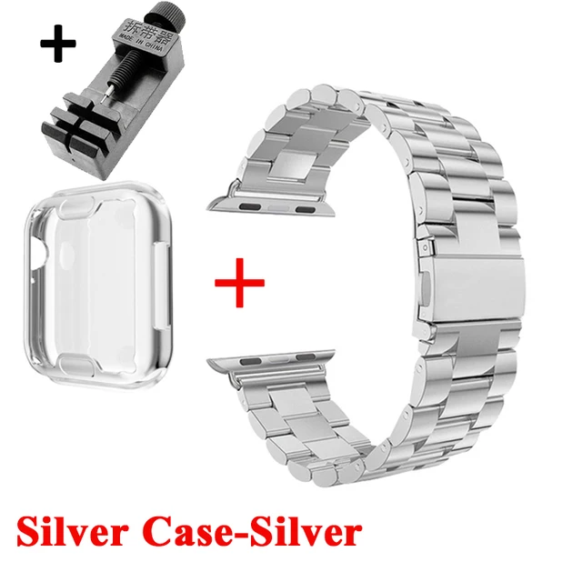 Watch Case+Strap For iWatch Band 38mm 42mm Steel Metal Bracelet For Apple Watch 7 44mm 40mm SE Series 6 5 4 Cover Band 45mm 41mm Silver Case-Silver