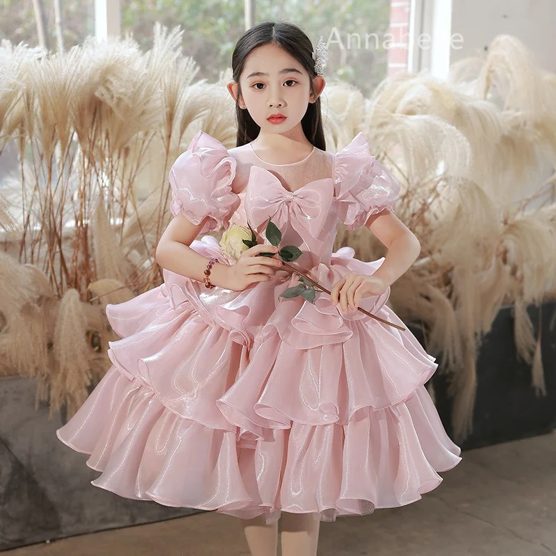 

Annabelle Cute Pink Flower Girl Dress for Wedding Party Tierred Puffy Girl's Dresses for Birthday Petal Sleeve Princess Gowns