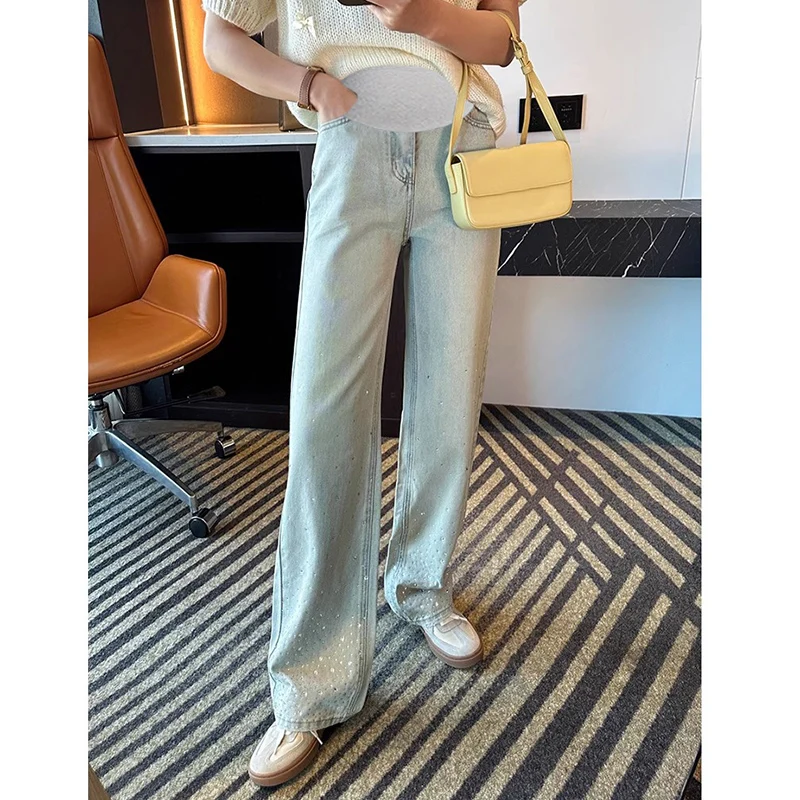 American Vintage Casual Pregnant Women's Denim Jeans Spring Ins Embellished with Rhinestones Maternity Fit Straight Pants Youth