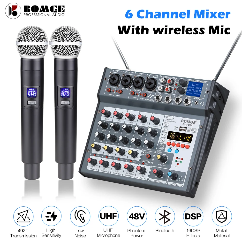 Mixer Audio a 6 canali Console di missaggio microfono integrato microfoni  Wireless UHF Bluetooth USB 16 DSP effetto per DJ Karaoke PC Record