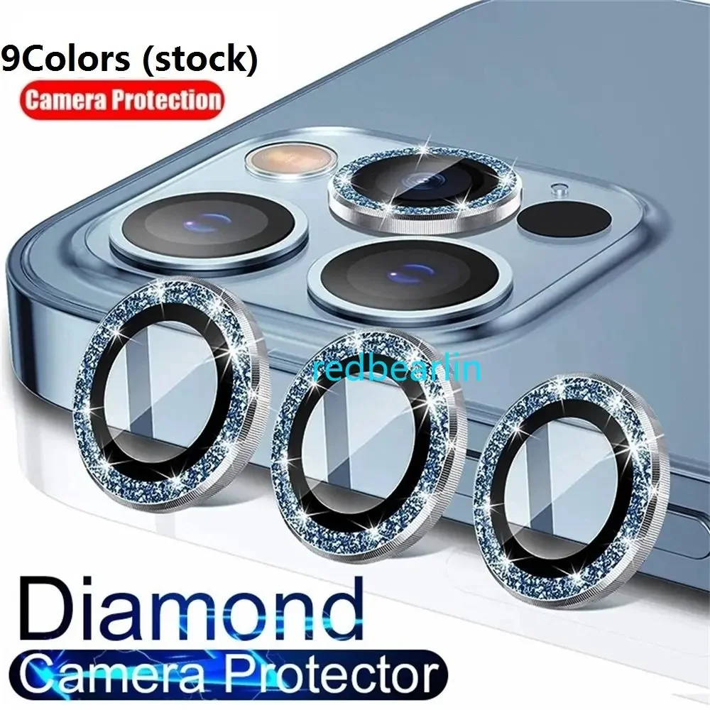 100pcs Luxury Glitter Diamond Camera Lens Protector For iPhone 15 11 12 13 14 Pro Max Back Camera Glass Protector Sticker Cap