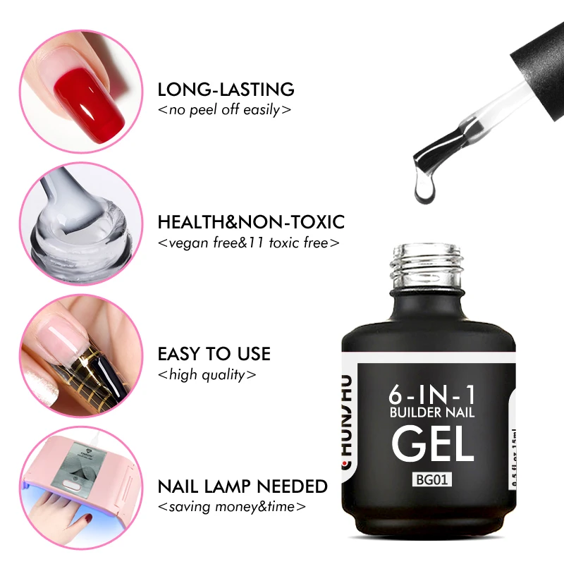 CHUNSHU 15ML Builder Nail Gel In A Bottle 6IN1 Neon Color Nail Construction Extension Gel Polish Clear Pink UV Led Base Top Coat 4