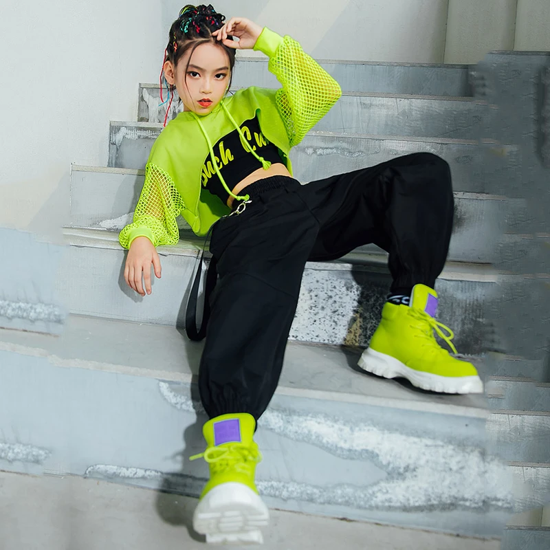 Hip Hop Pants For Kids Performance Modern Dancing Clothes Jazz Costume Hip Hop Girls Clothing Green Tops Net Sleeve Black