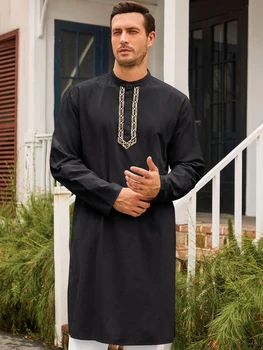 Men's Islamic Clothing Long Sleeve Embroidery Loose Muslim Kaftan Thobe Men Saudi Arabia Middle Eastern National Muslim Costumes