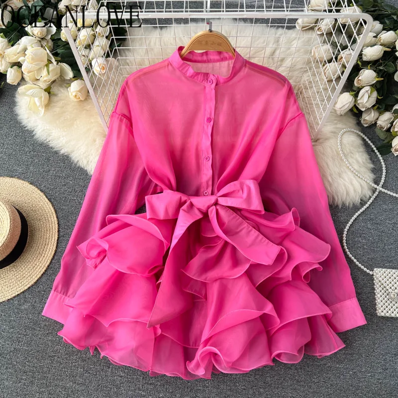 OCEANLOVE All Seasons Women Blouses Ruffles Solid Bow Bandage Vintage  Blusas Mujer Korean Fashion Sweet Elegant Thin Shirts - AliExpress