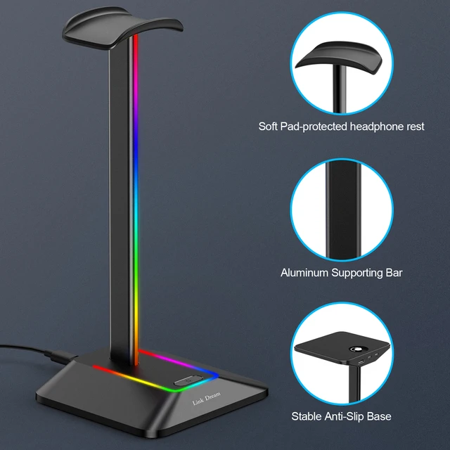 Link Dream Soporte para auriculares para juegos con luz RGB, 2 puertos de  carga USB, barra de soporte de aluminio, reposacabezas flexible