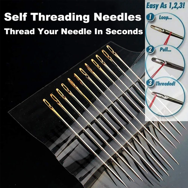 Agulha de costura auto-threading de aço inoxidável, Bordado Cross Stitch Darning Needle, Costura rápida de rosqueamento, 12 pcs