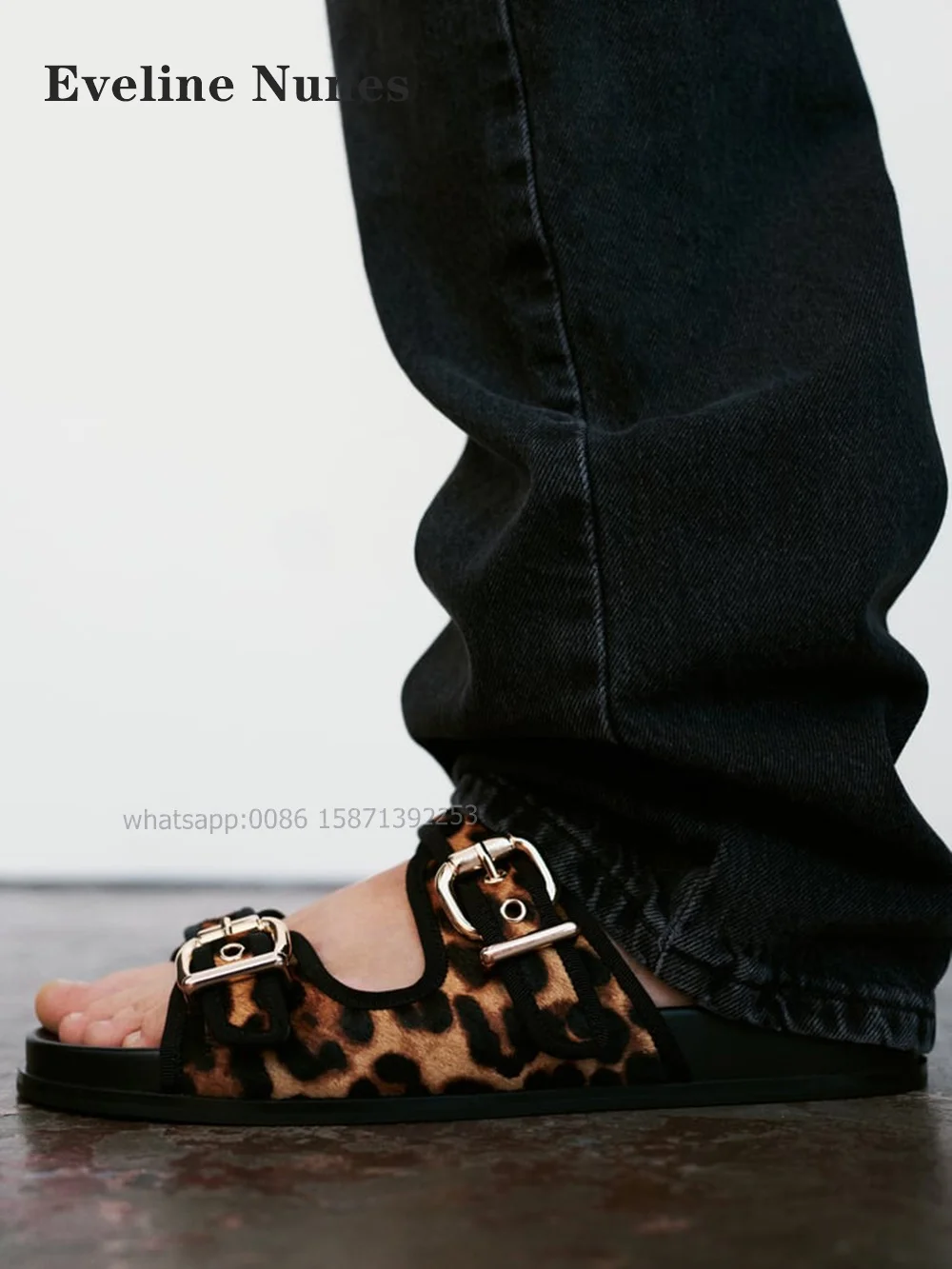 Leopard Mental Buckle Women Slides Open Toe Flat with Side Air Belt Buckle Modern Slippers Slip On Hollow Sandals Sand Summer