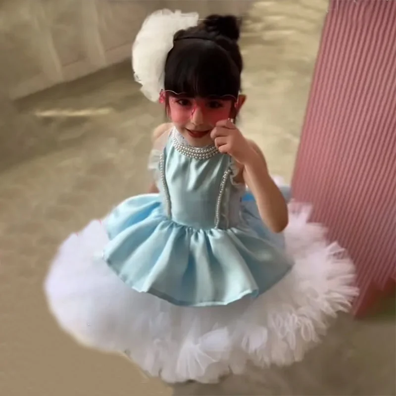 Blue puffy flower girl dress Wedding Tulle Knee Length Layered Kids Birthday Ball Gown First Communion