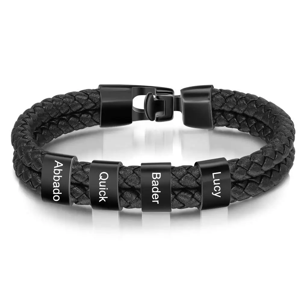Custom Name Double Layer Leather Men Bracelet Engraving Stainless Steel Beads Family Name Bracelet For Men Jewelry Gift