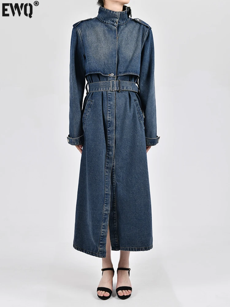 

[EWQ] Women Long Sleeve Lace-up Buckle Length Trench Jacket 2023 Autumn Winter Denim Patchwork Blue Windbreaker Coat 6Y2949