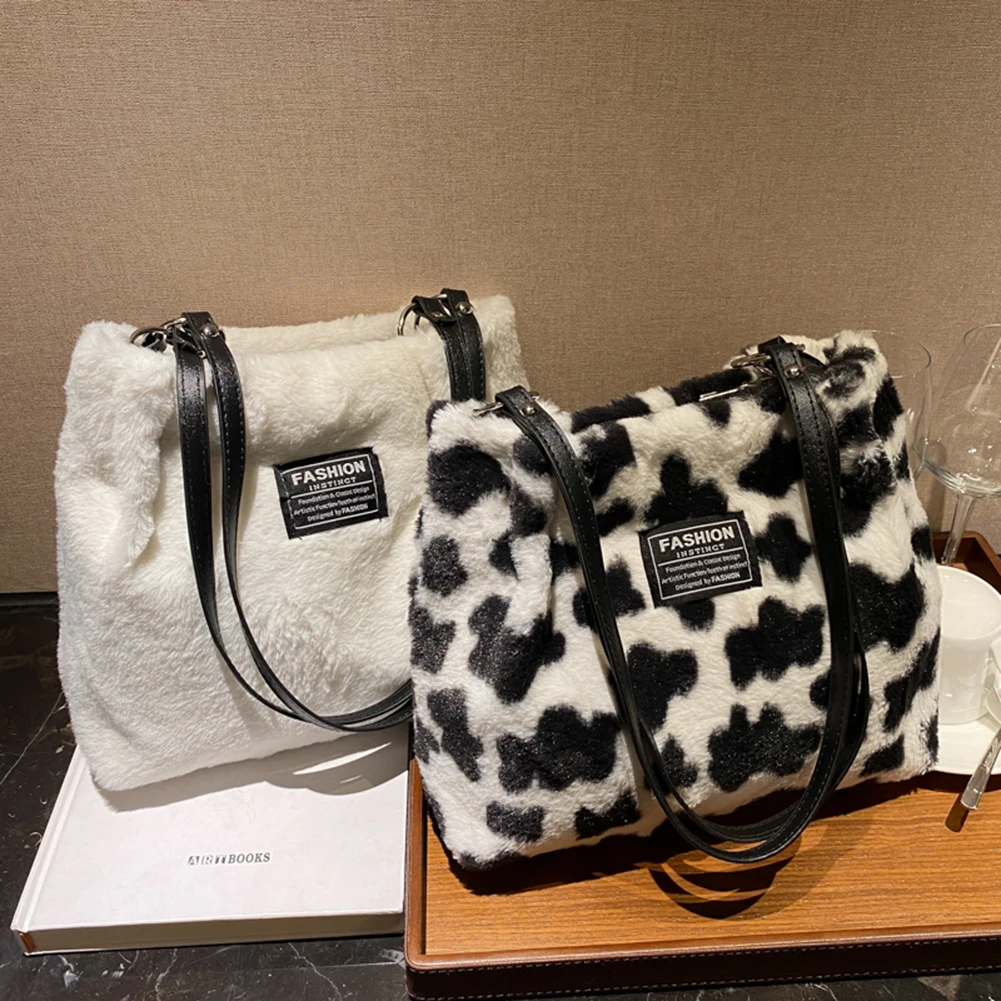 Women Plush Tote Bag Versatile Furry Shoulder Bag Zebra/Cow