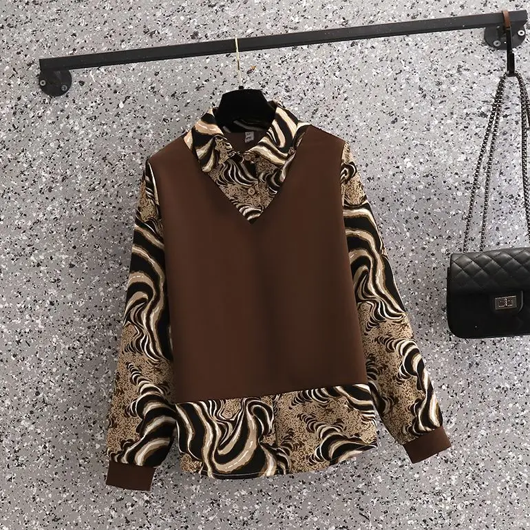 Vintage Water Wave Print Patchwork Chiffon Shirt Tops Casual Pants Two-piece Elegant Women's Pants Set Office Outfits Clothing