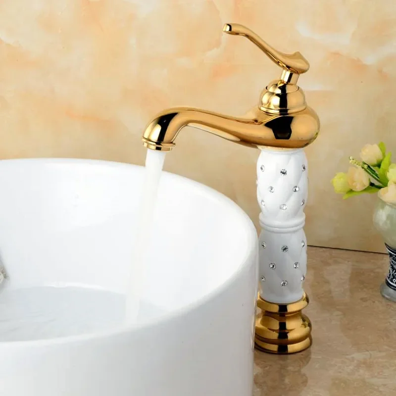 Basin Faucet Gold and White Bathroom Brass Sink Mixer Tap Hot and Cold