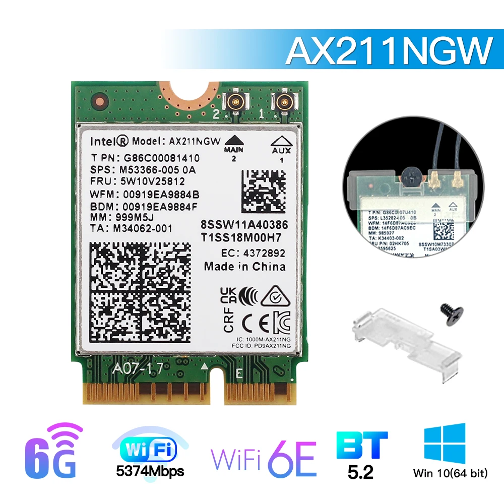 network card WiFi 6E AX211NGW Trị Băng Tần 2.4G/5G/6Ghz Mạng Không Dây Wifi Adapter Thẻ Bluetooth 5.2 Intel AX211 M.2 KeyE CNVio Windows10 wifi usb