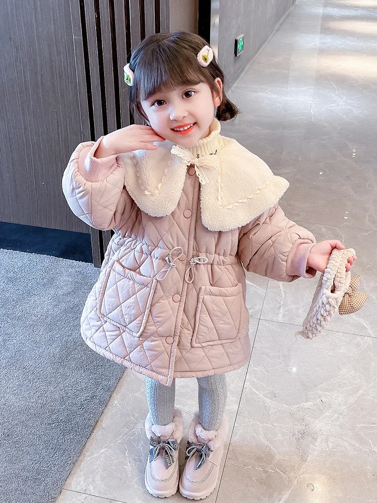 New Girls Winter Long Coats Big Fur Collar Cotton Padded Velvet Thick Warm Overcoats Kids Children Princess Coat Clothes