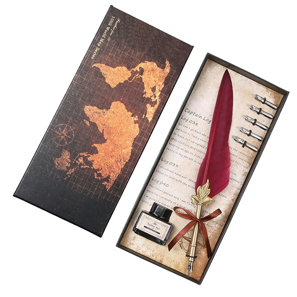 Vintage Feather Fountain Pens Copper Penholder with 5 Nibs Antique Calligraphy Pen Replaceable Soft for Christmas Birthday Gift