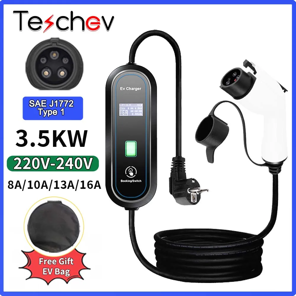 

Teschev Portable Electric Vehicle Charger Type1 J1772 Charging 220V Electric Vehicle Charger 16A 3.5KW Type2 Electric Vehicle Ch