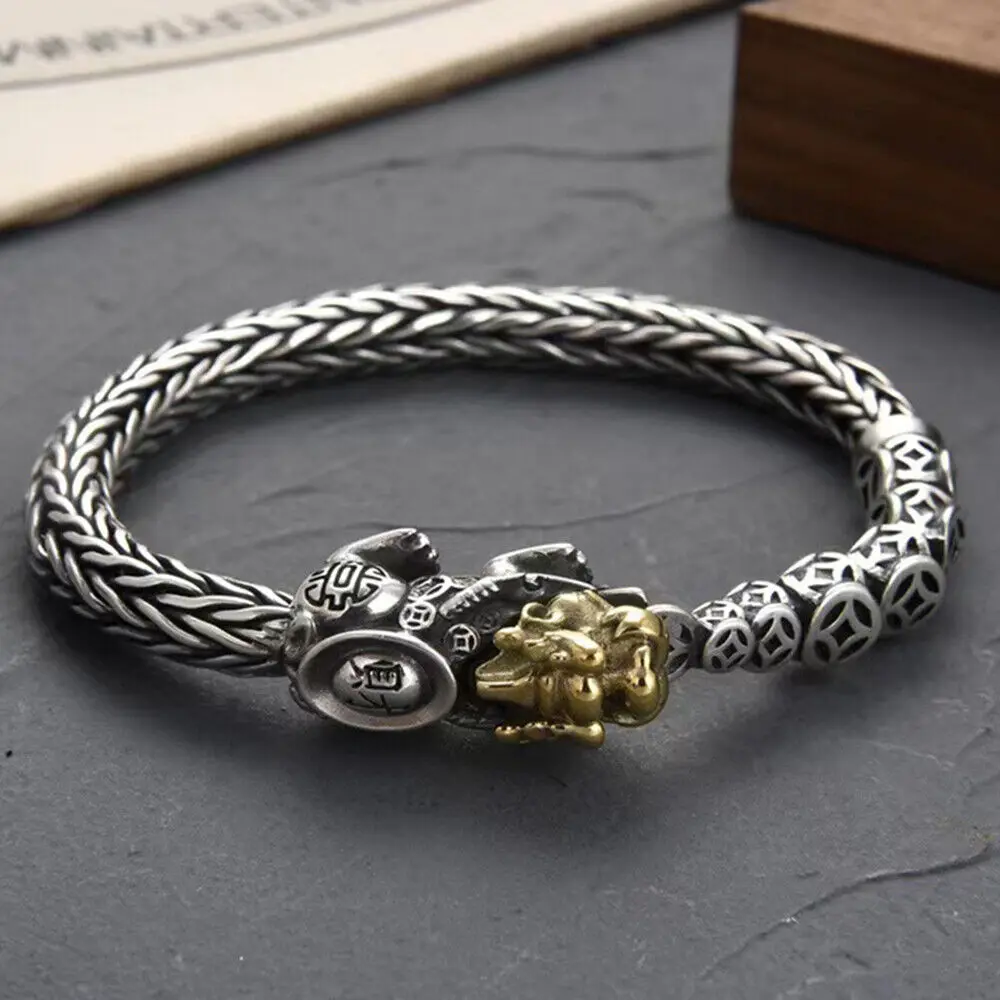 

Solid 925 Sterling Silver 7mm Wheat Link With Dragon Pixiu Clasp Bracelet