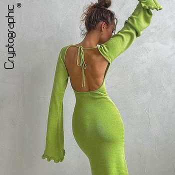 Cryptographic Sexy Backless Knitted Sweater Mini Dress Elegant Fashion Outfits Edible Tree Fungus Solid Long Sleeve Dresses Chic - Image 1