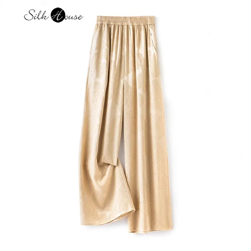 2024 Women's Fashion Summer New Natural Mulberry Silk GuanLe Satin Champagne Elastic Waist Loose Versatile Casual Wide Leg Pants