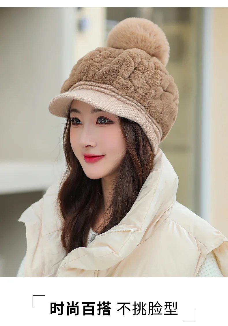 Hut Herbst Winter Mütze Frauen vielseitige Kaninchen haar warme Ente Zunge Hüte niedlichen Haarball kalt wind dicht Hut dick heiß – Detail 7