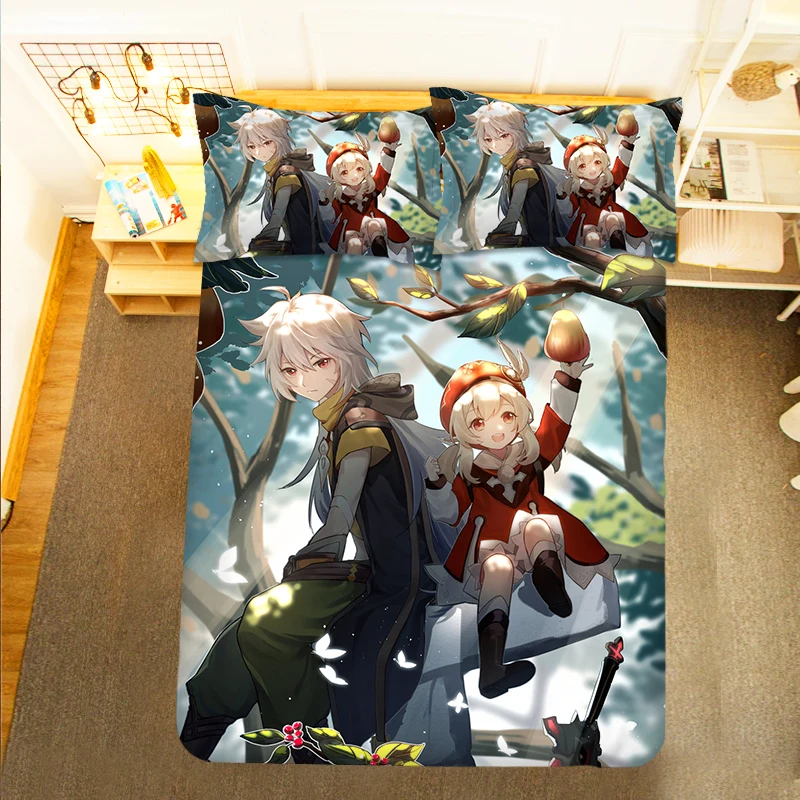 Beelzebul Genshin Impact Keqing 3PCS Duvet Cover Sets Cartoon Bedding Children Room Pillow Case 