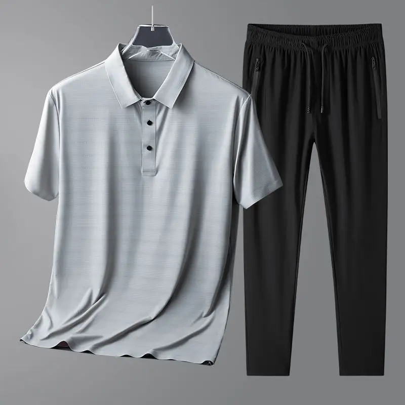 Summer Breathable Thin Pants Set Men Solid Lapel Button Short Sleeve Top Elastic Waist Drawstring Zipper Pocket Casual Pants