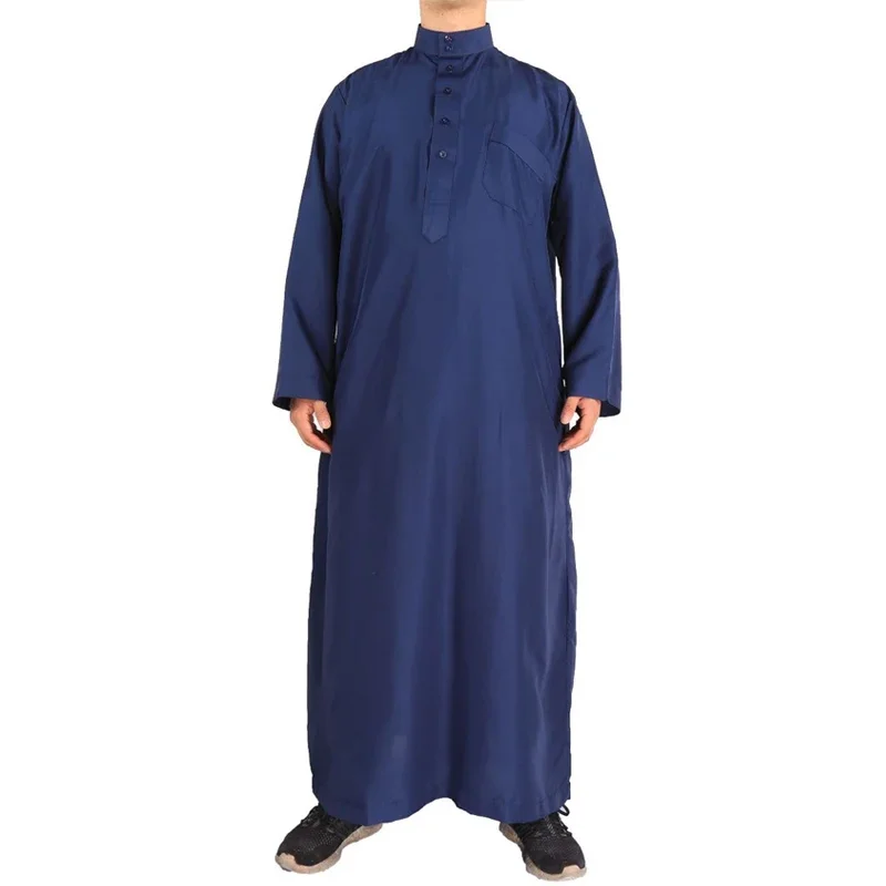 Muslim Men Jubba Thobe Long Sleeve Solid Color Soft Breathable Robes Stand Collar Islamic Arabic Kaftan T-shirt for Ramadan