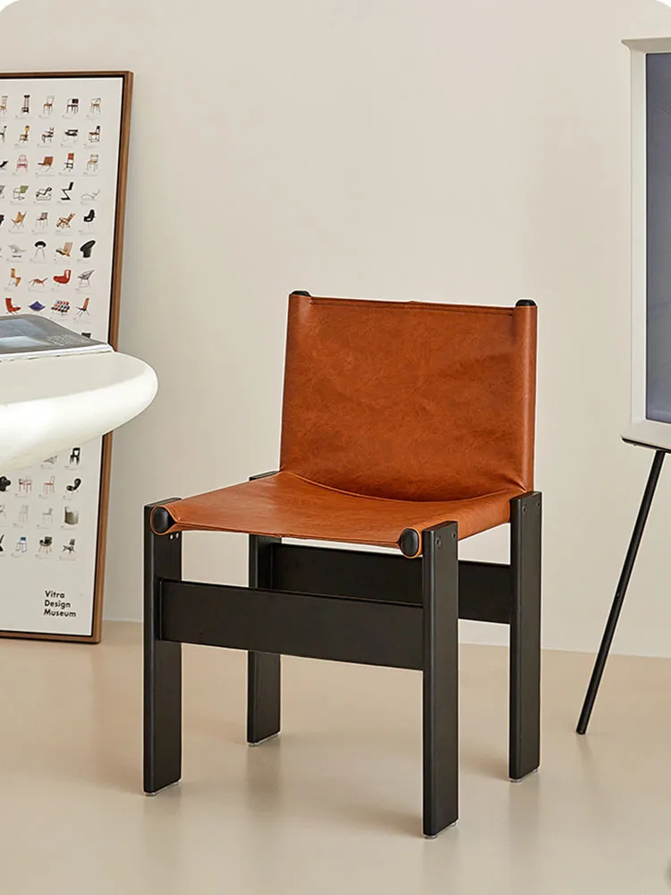

Retro Dining Chair Cowhide Leather Solid Wood Modern Minimalist Back Design Home Furniture Living Room Mobile Bedroom Desk Stool