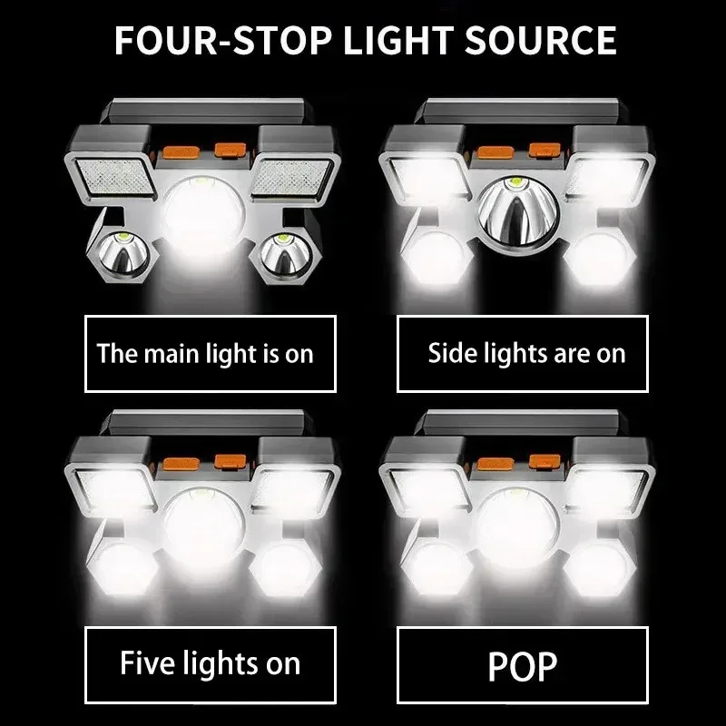 초강력 충전식 5 LED 헤드램프, 낚시, 캠핑, 사냥, 하이킹, 트레일 러닝 및 야외 활동용 강력 헤드 플래시라이트