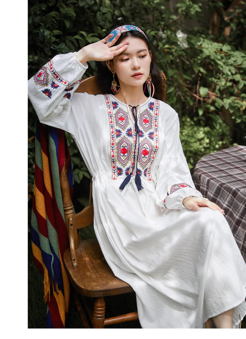 

2023 Fashion Summer and Autumn Dress Pattern Embroidery Cotton Linen White Skirt Holiday Three-quarter Sleeve Long Skirt Party