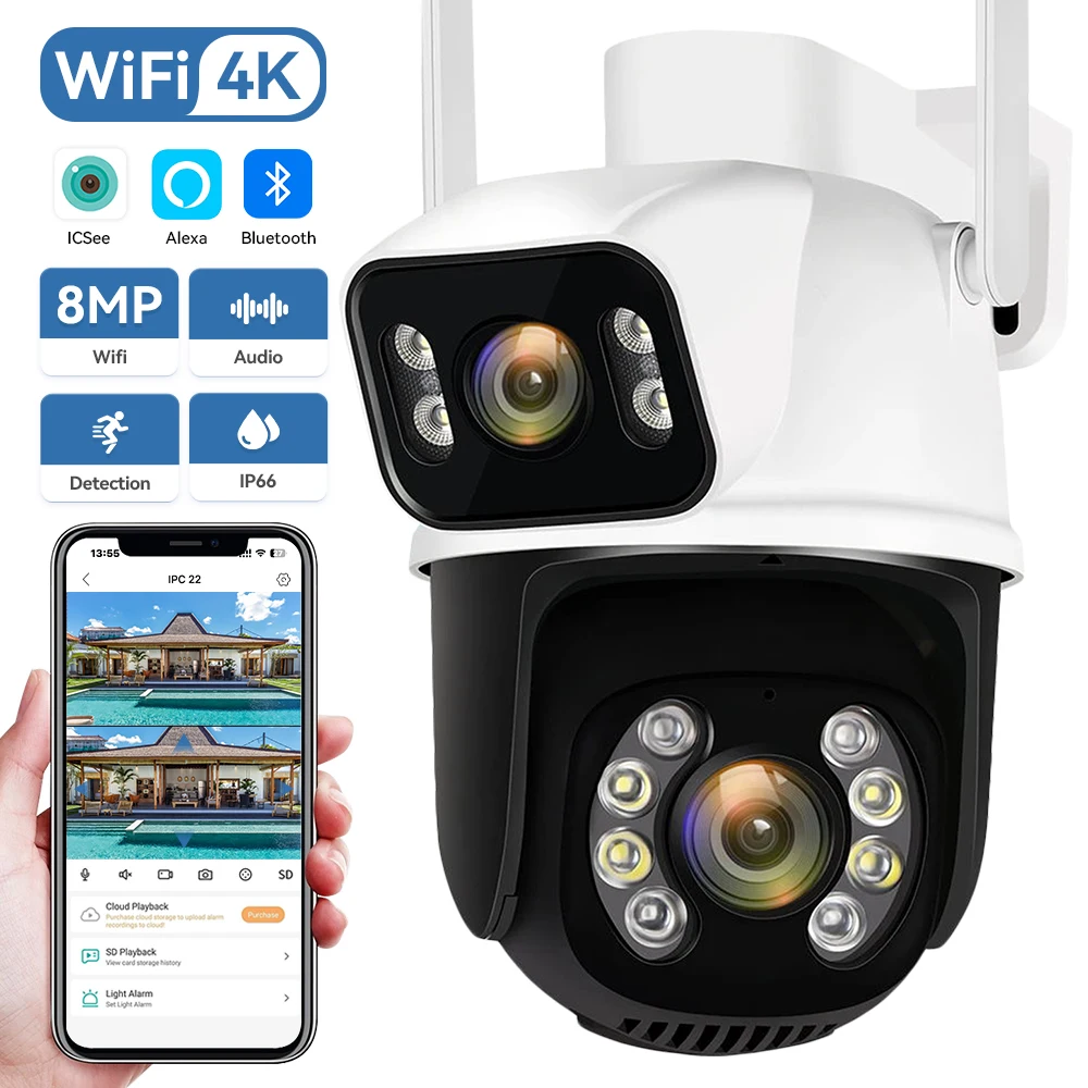 8Mp 4K Dual Lens Wifi Ptz Camera Smart Home Night Vision Dual Screen Outdoor 6Mp Protezione Di Sicurezza Cctv Ip Camera Icsee App