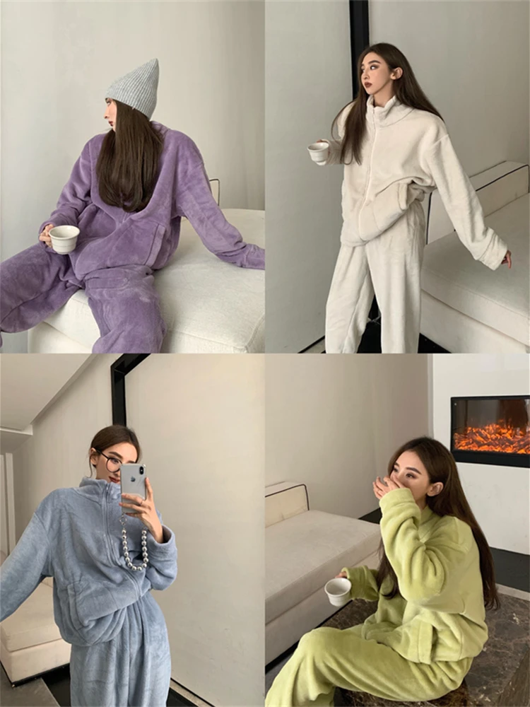 

Spring Women Warm Hoodies Sweatshirt Tracksuit Winter Two Piece Sets Homeswear Cashmere Female Pants Suits Wholesale