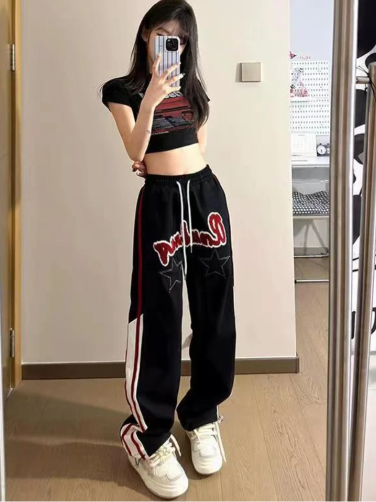 QWEEK Y2k Striped Vintage Baggy Sweat Pants Women High Waist Hippie Star Embroidery Trousers Casual Streetwear Oversize Pants qweek baggy pants y2k women vintage washing distressed cargo denim retro pockets grunge jeans straight trousers korean fashion