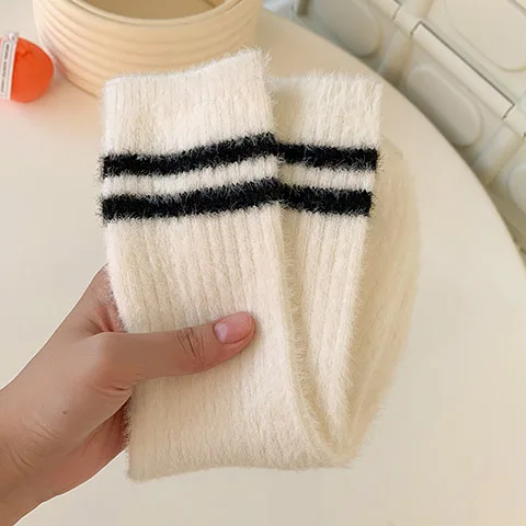 Autumn/winter Mink Velvet Socks Women's High Appearance Level Thermal Pile Socks Japanese Striped Casual Mid-tube Socks