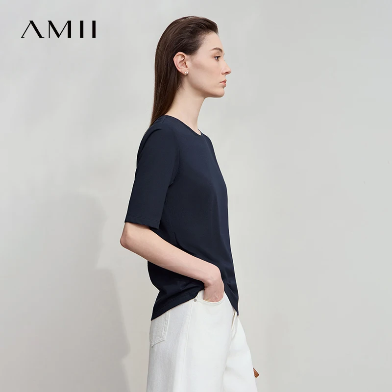 AMII Minimalist Cotton Black T-Shirt for Women 2025 Office Lady O